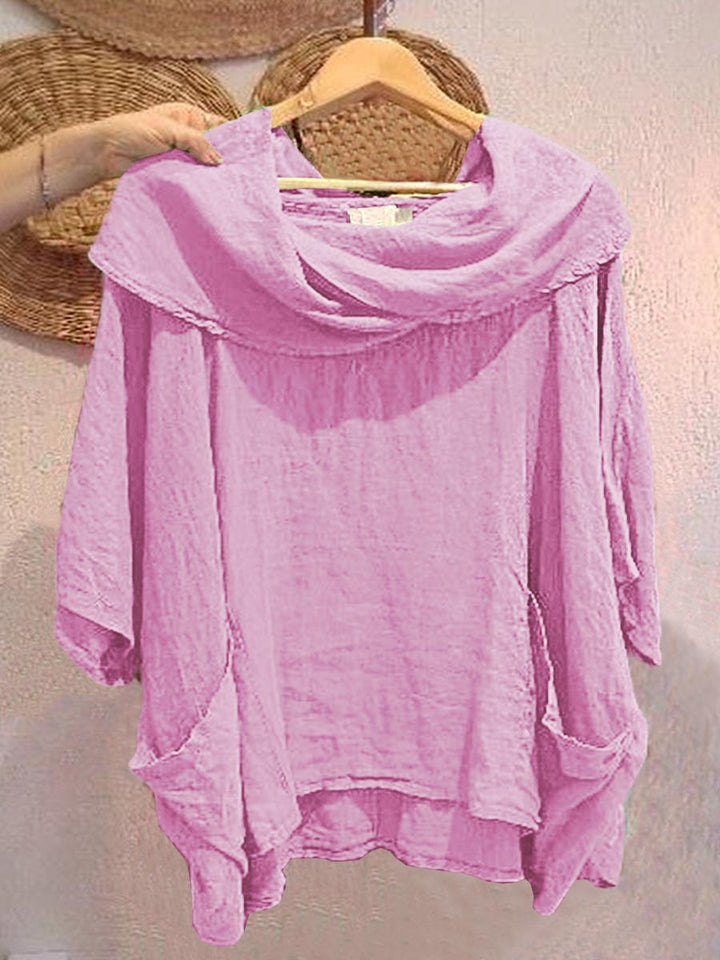 Pia - Solid Color Draped Neck 3/4 Sleeve Comfortable Casual Linen Pocket Top