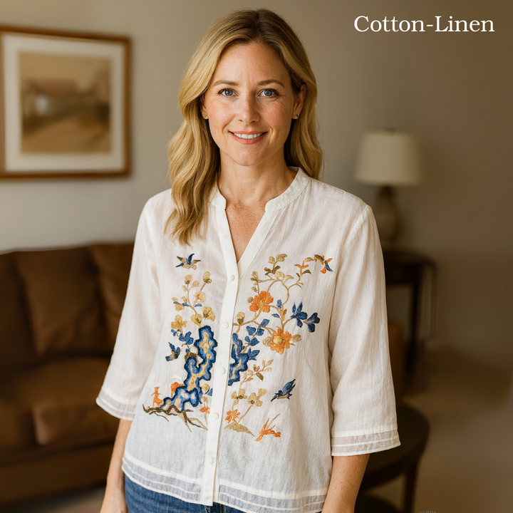 Lila - cotton-linen top with floral design