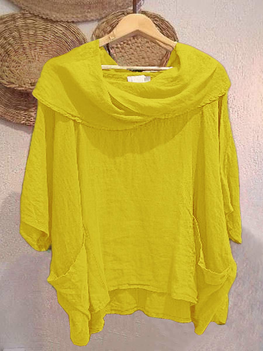 Pia - Solid Color Draped Neck 3/4 Sleeve Comfortable Casual Linen Pocket Top