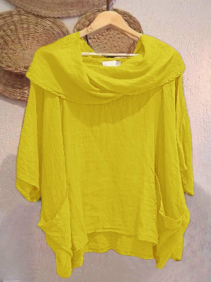Pia - Solid Color Draped Neck 3/4 Sleeve Comfortable Casual Linen Pocket Top