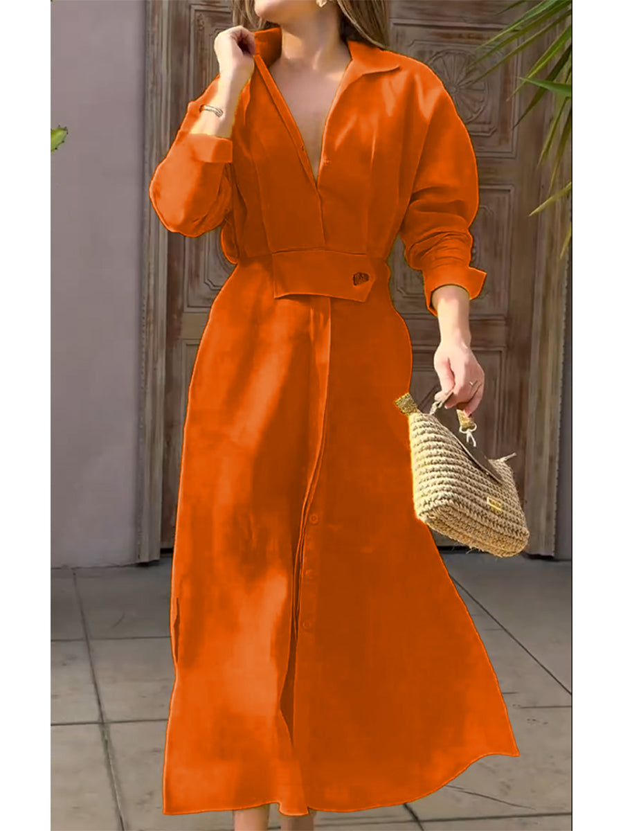 Olly - Waisted Linen Cotton Long Sleeve Dress