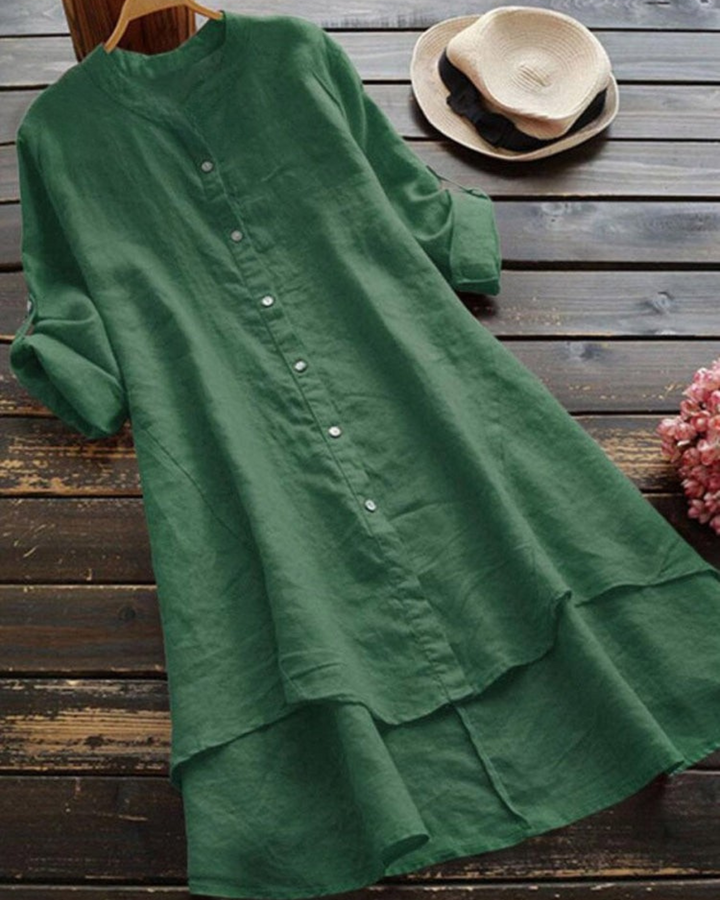 Zahara -Solid Color Loose Elegant Casual Cotton And Linen Shirt Dress