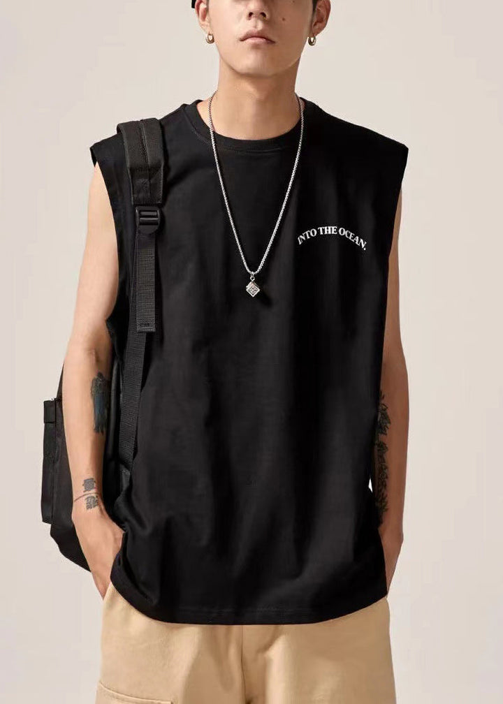 Black Letter Print Cotton Sleeveles Men Tank O Neck