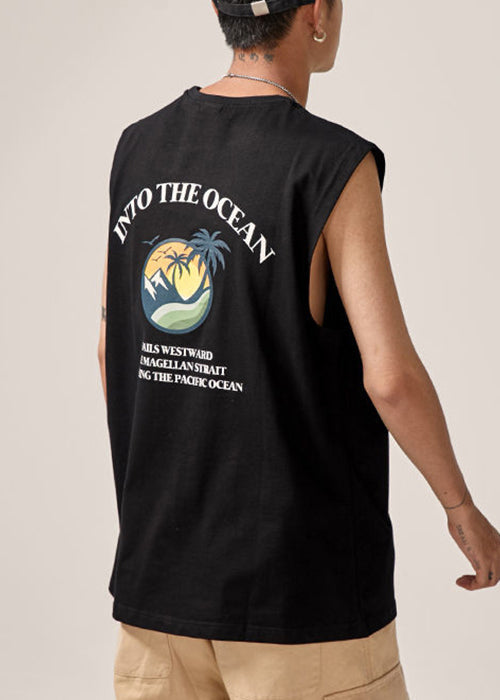 Black Letter Print Cotton Sleeveles Men Tank O Neck