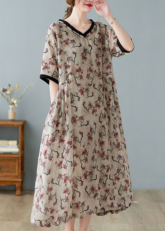 Boutique V Neck Print Linen Dresses Short Sleeve