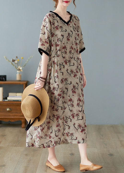 Boutique V Neck Print Linen Dresses Short Sleeve