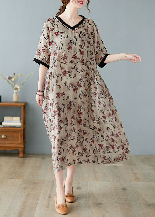 Boutique V Neck Print Linen Dresses Short Sleeve
