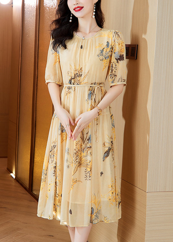 O Neck Print Wrinkled Lace Up Silk Dress Summer