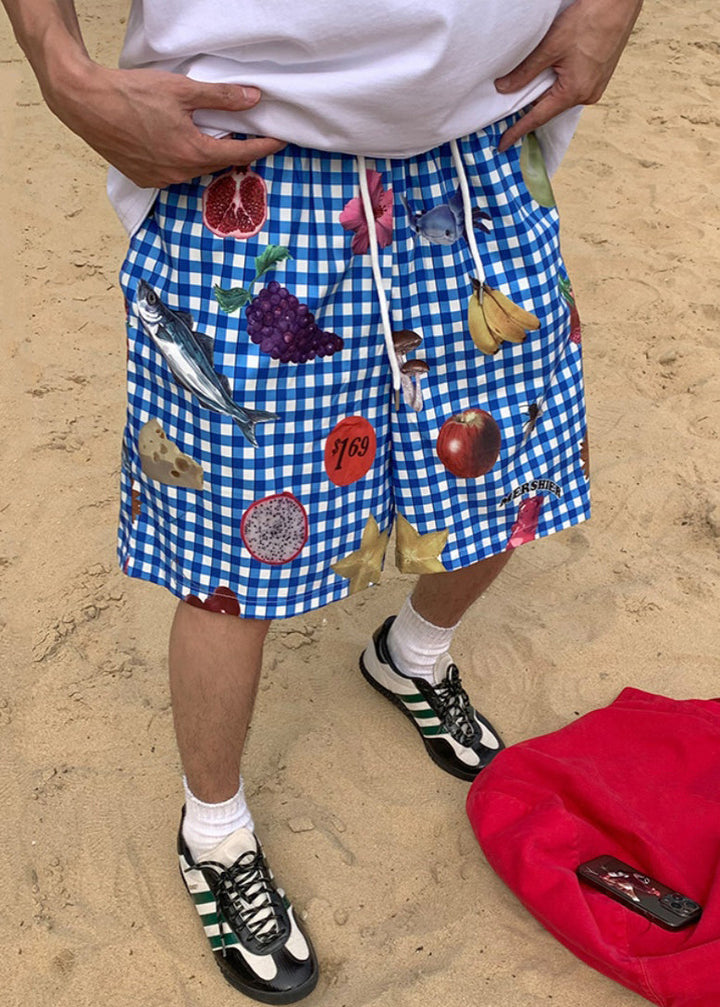 Aries - Casual Plaid Print Elastic Waist Cotton Men Beach Shorts