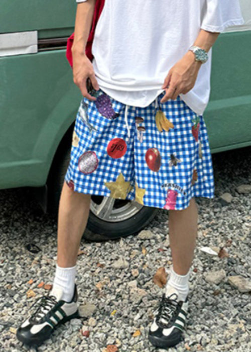 Aries - Casual Plaid Print Elastic Waist Cotton Men Beach Shorts