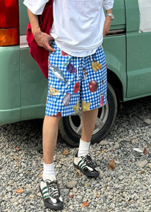 Aries - Casual Plaid Print Elastic Waist Cotton Men Beach Shorts