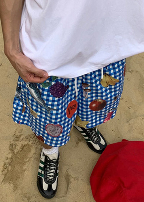 Aries - Casual Plaid Print Elastic Waist Cotton Men Beach Shorts