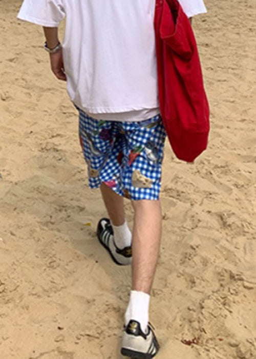 Aries - Casual Plaid Print Elastic Waist Cotton Men Beach Shorts