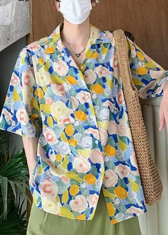 Chic Floral Button Cotton Men Shirts Peter Pan Collar Summer