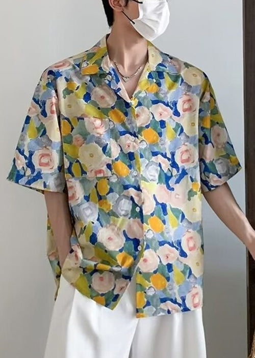 Chic Floral Button Cotton Men Shirts Peter Pan Collar Summer