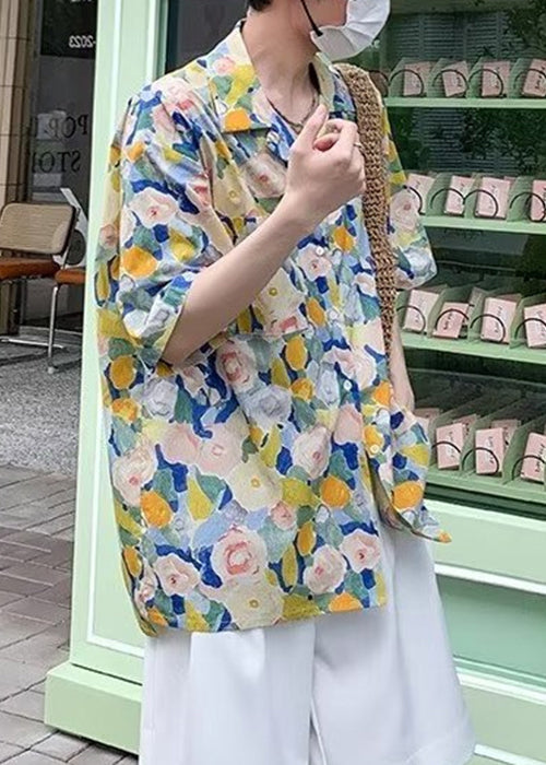 Chic Floral Button Cotton Men Shirts Peter Pan Collar Summer