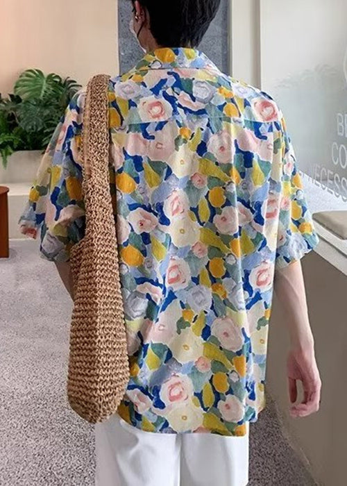 Chic Floral Button Cotton Men Shirts Peter Pan Collar Summer