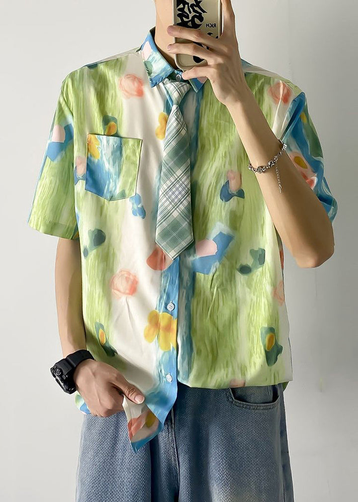 Chic Green Peter Pan Collar Print Pockets Cotton Shirts Mens Summer