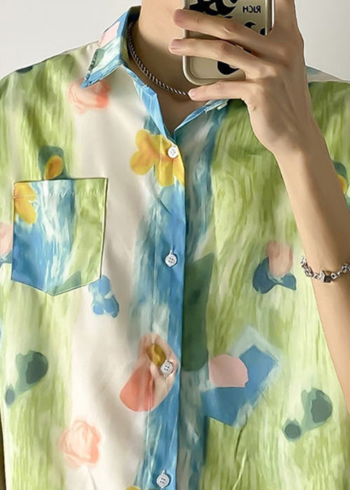 Chic Green Peter Pan Collar Print Pockets Cotton Shirts Mens Summer