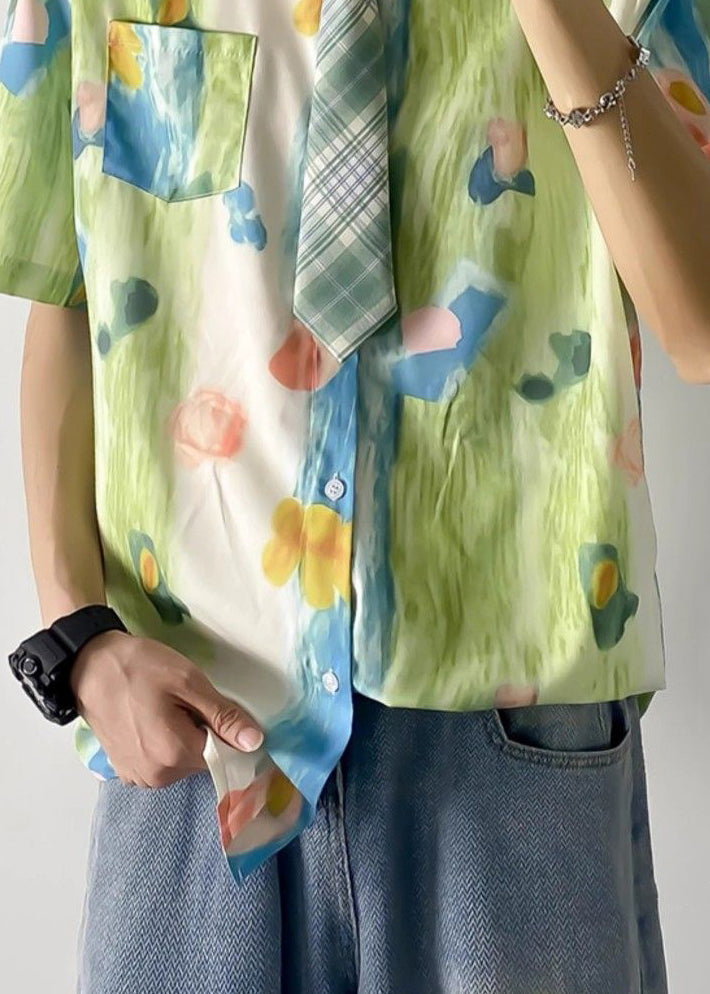 Chic Green Peter Pan Collar Print Pockets Cotton Shirts Mens Summer