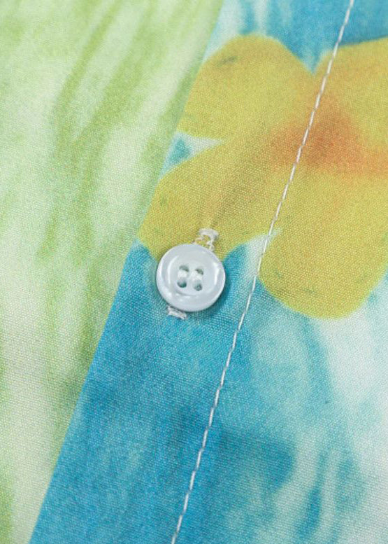 Chic Green Peter Pan Collar Print Pockets Cotton Shirts Mens Summer