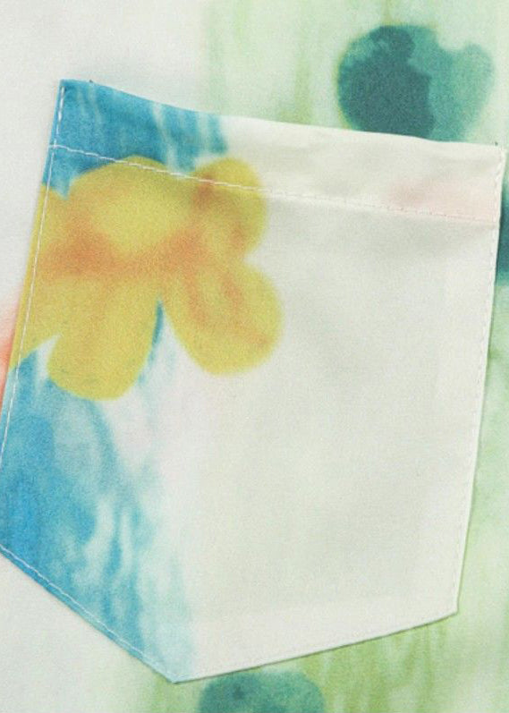 Chic Green Peter Pan Collar Print Pockets Cotton Shirts Mens Summer