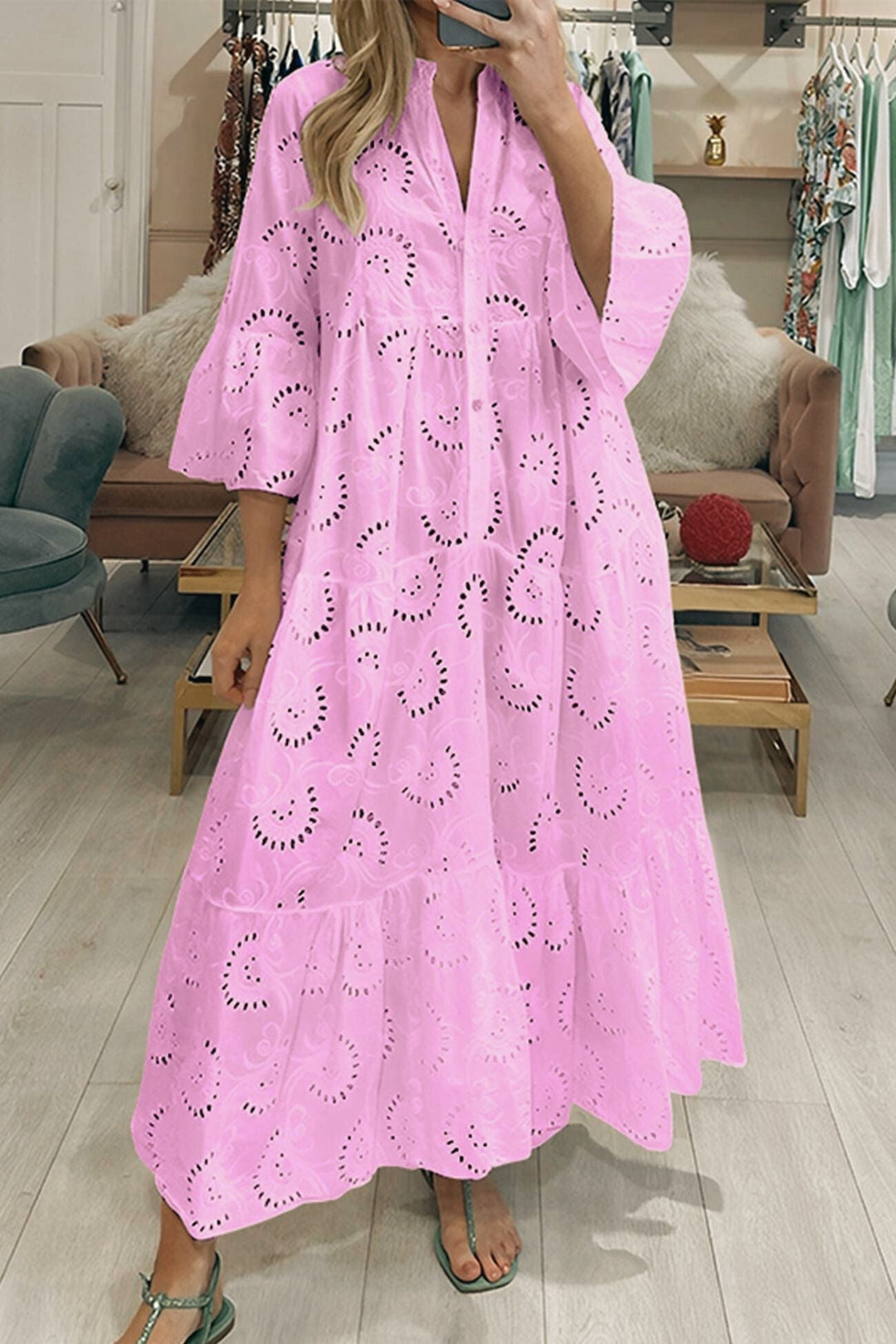 Cotton dress with embroidered sleeves and V-neckline