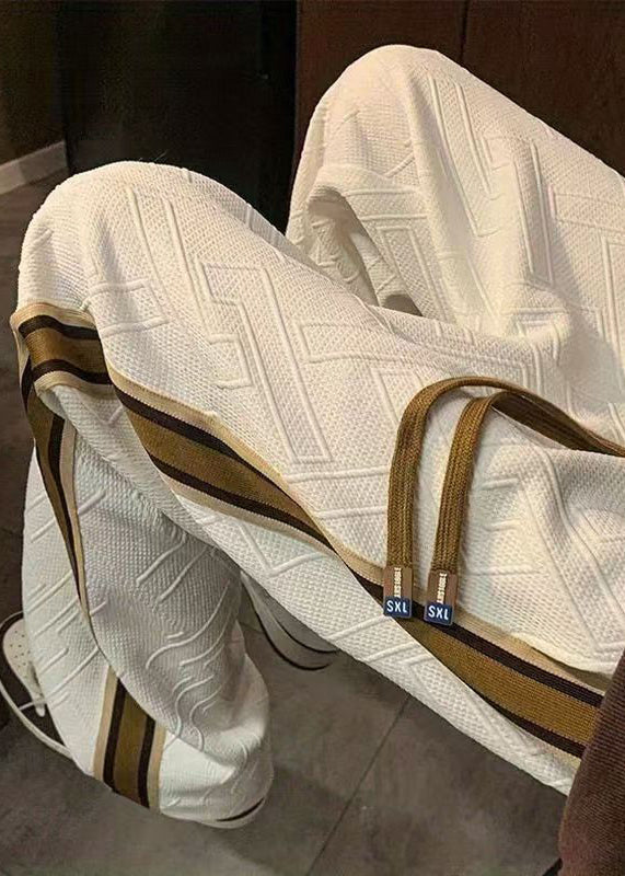 French White Striped Drawstring Cotton Mens Pants