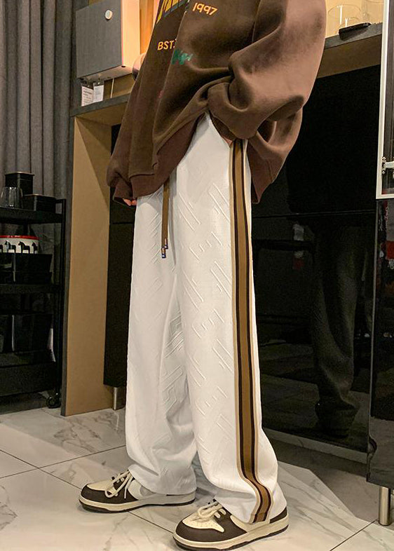 French White Striped Drawstring Cotton Mens Pants