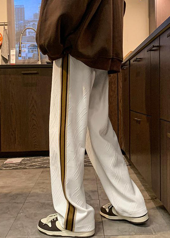 French White Striped Drawstring Cotton Mens Pants