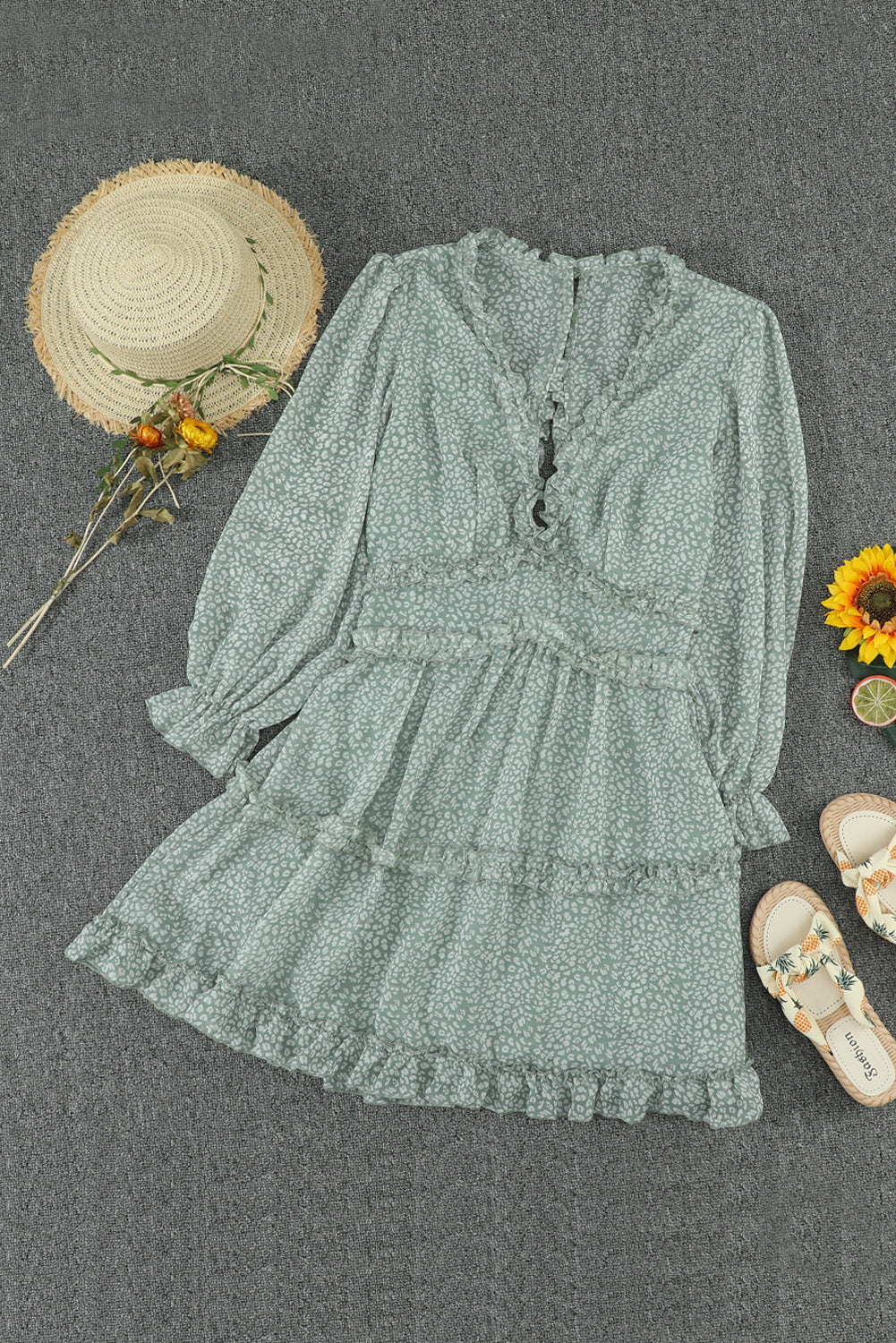 Green Ruffle Detailing V-neck Open Back Floral Dress