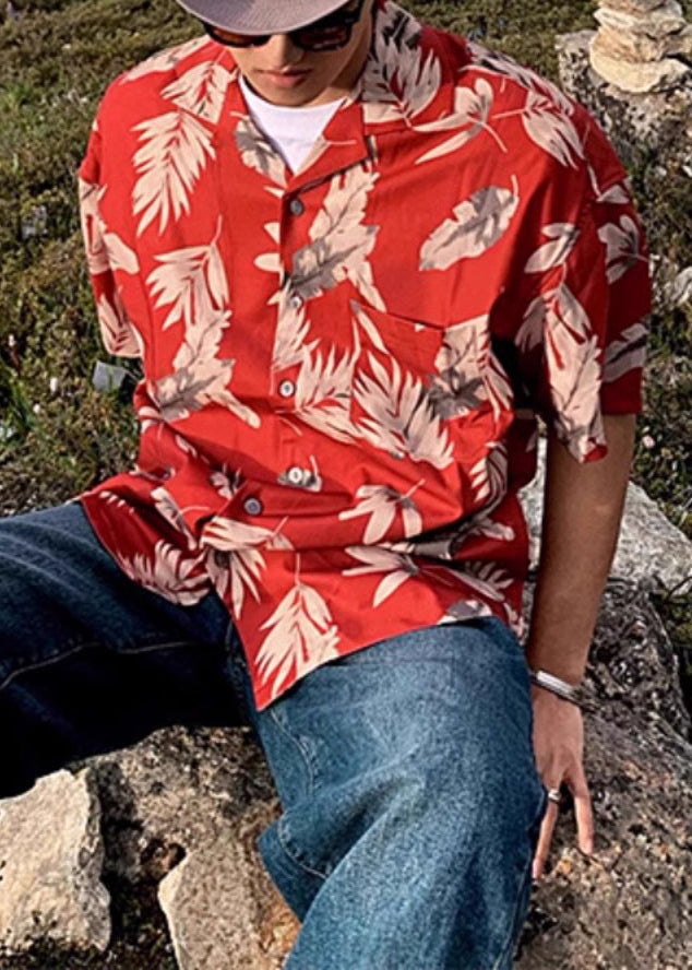 Loose Red Peter Pan Collar Button Print Cotton Men Shirt Summer