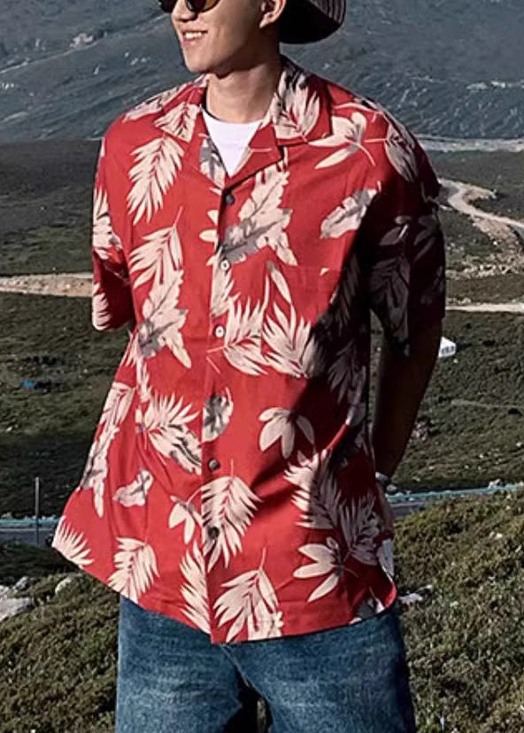 Loose Red Peter Pan Collar Button Print Cotton Men Shirt Summer