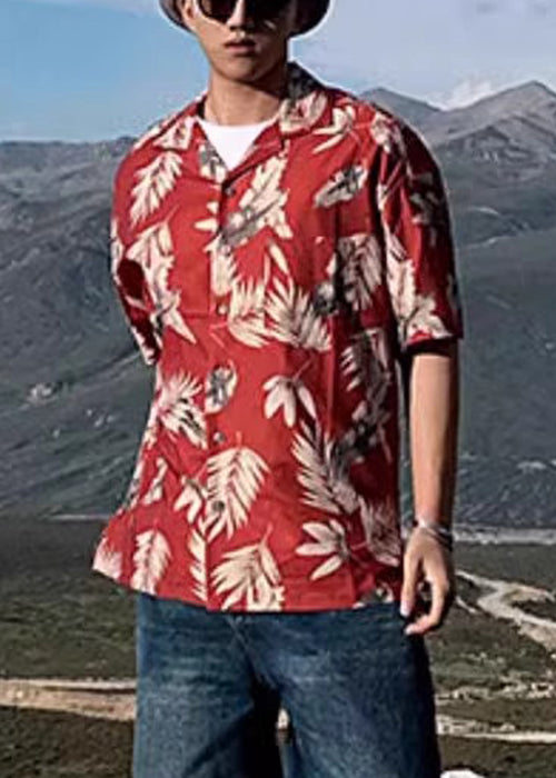 Loose Red Peter Pan Collar Button Print Cotton Men Shirt Summer