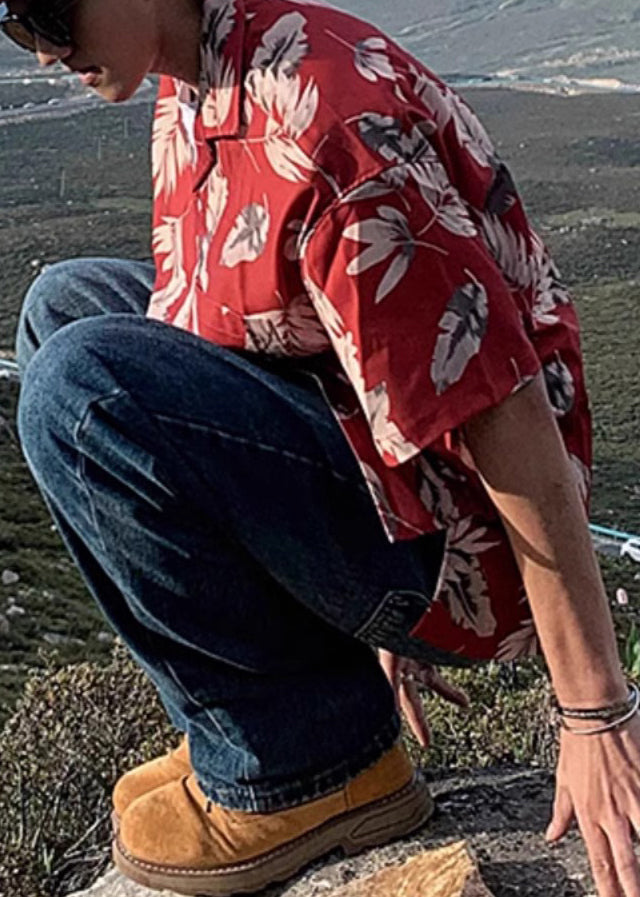 Loose Red Peter Pan Collar Button Print Cotton Men Shirt Summer