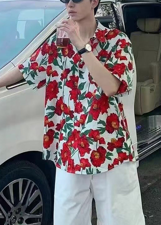 Loose Red Peter Pan Collar Print Cotton Men Shirts Summer