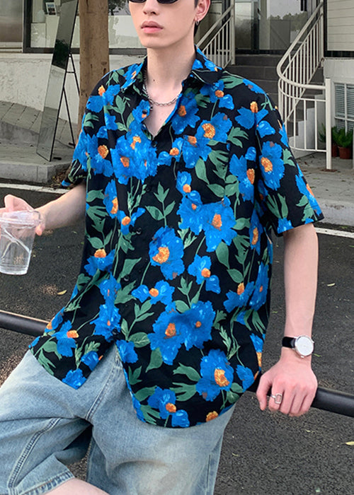 Loose Red Peter Pan Collar Print Cotton Men Shirts Summer