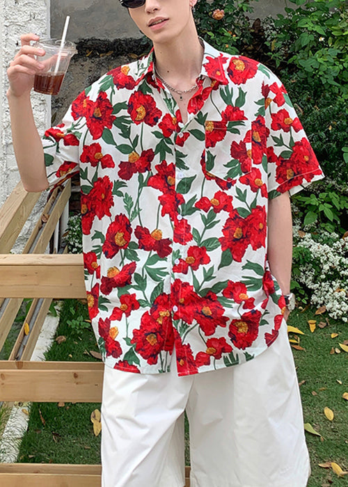 Loose Red Peter Pan Collar Print Cotton Men Shirts Summer