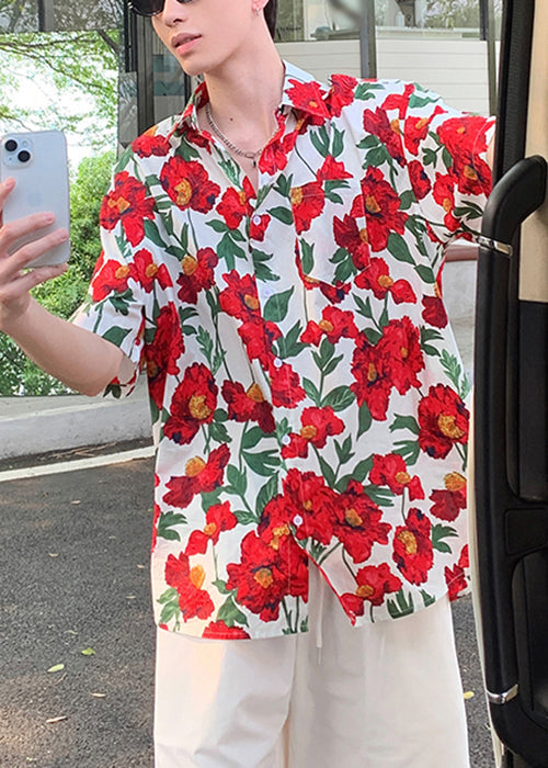 Loose Red Peter Pan Collar Print Cotton Men Shirts Summer