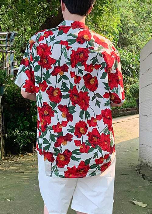 Loose Red Peter Pan Collar Print Cotton Men Shirts Summer