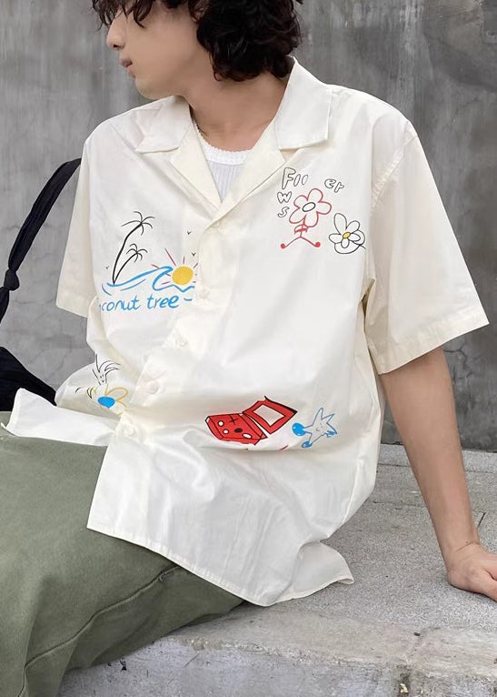 Loose White Print Button Cotton Shirt Men Summer