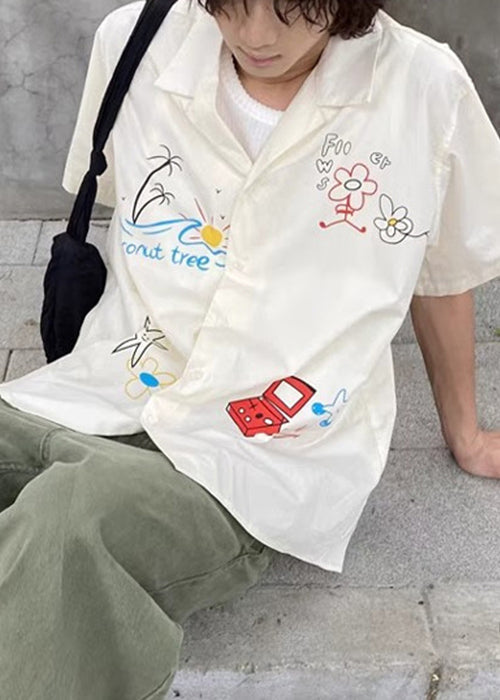 Loose White Print Button Cotton Shirt Men Summer