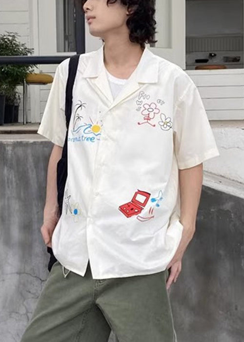 Loose White Print Button Cotton Shirt Men Summer