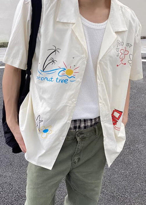 Loose White Print Button Cotton Shirt Men Summer