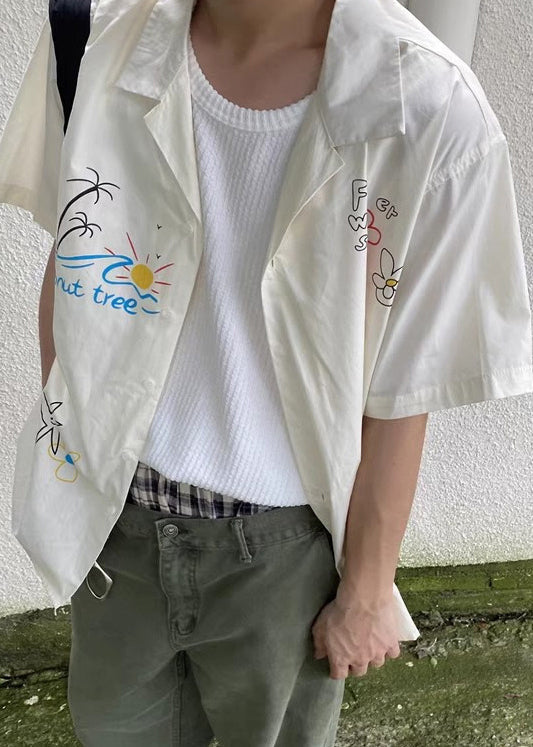 Loose White Print Button Cotton Shirt Men Summer