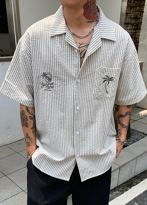 New Striped Print Pockets Cotton Men Shirt Summer