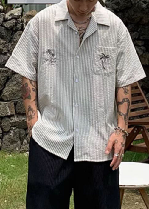 New Striped Print Pockets Cotton Men Shirt Summer