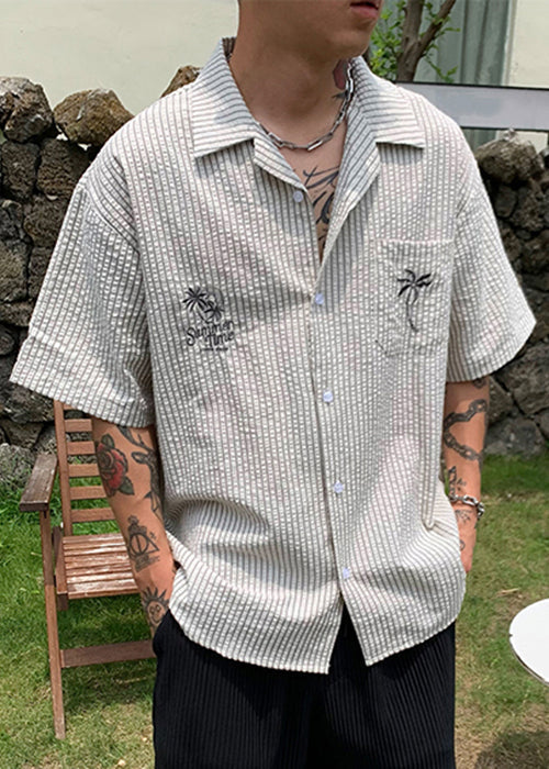 New Striped Print Pockets Cotton Men Shirt Summer