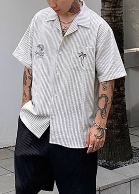 New Striped Print Pockets Cotton Men Shirt Summer