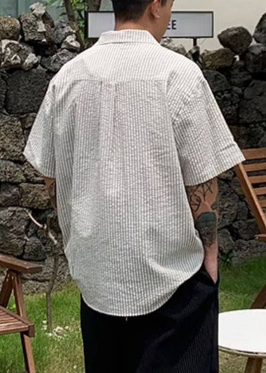 New Striped Print Pockets Cotton Men Shirt Summer